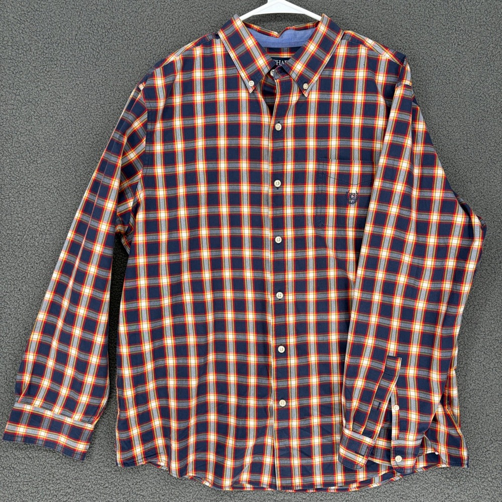 Chaps Mens XL Easy Care Plaid Button Down Shirt Navy Red Yellow Long Sleeve